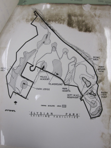 Map of Elysian Park, Existing Facilities. Photo courtesy of L.A. City Archives, Marvin Braude Papers, Box D-434, F: Elysian Park Correspondence, 1955-66.